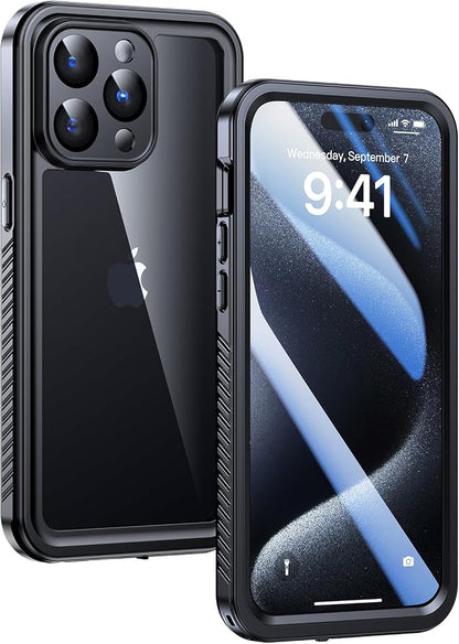 Lanhiem for iPhone 15 Pro Max Waterproof Case, Dustproof Case Built-in Screen Protector & Camera Protection, Full Body Heavy Duty Rugged Clear Phone Cover for 15 Pro Max (Black)