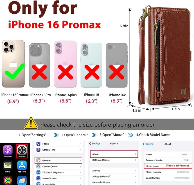 Wallet Case for iPhone 16 Pro Max with Card Holder/Crossbody Wallet/Strap| RFID Blocking | Magnetic | Kickstand | Detachable | PU Leather Phone Case for iPhone 16 Pro Max,6.9 in,Brown