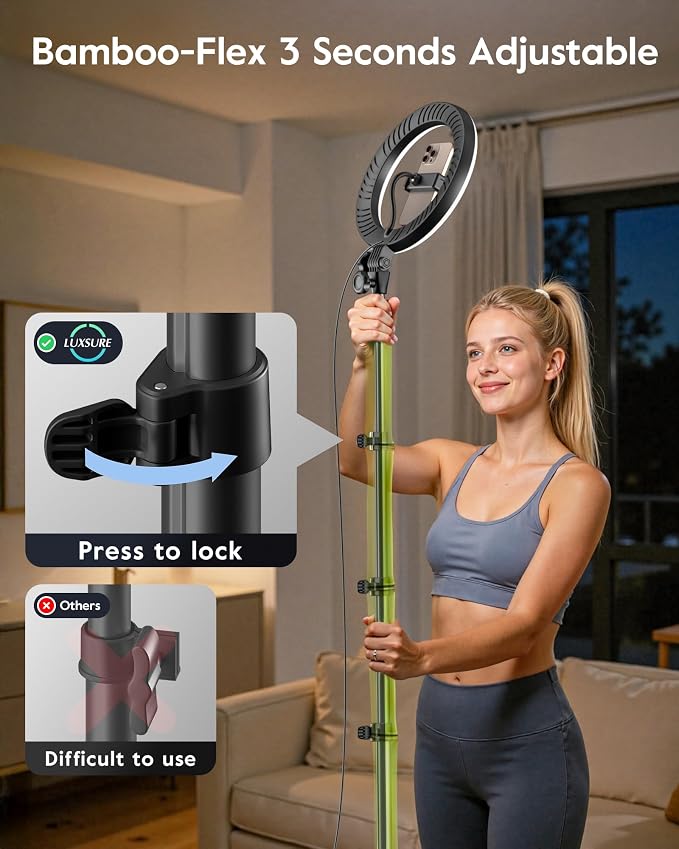 Tripod for iPhone with Light & Phone Holder - 10.5'' Ring Light with Stand - Second Arm with Overhead Phone Mount, Fast-Adjust Bamboo-Flex Stand & Remote for Content Creators, Video Recording