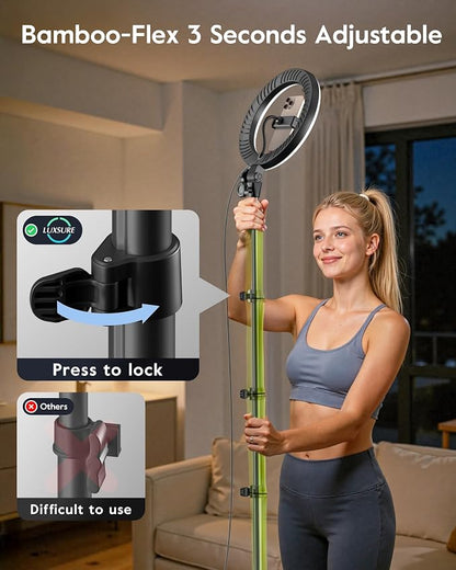 Tripod for iPhone with Light & Phone Holder - 10.5'' Ring Light with Stand - Second Arm with Overhead Phone Mount, Fast-Adjust Bamboo-Flex Stand & Remote for Content Creators, Video Recording