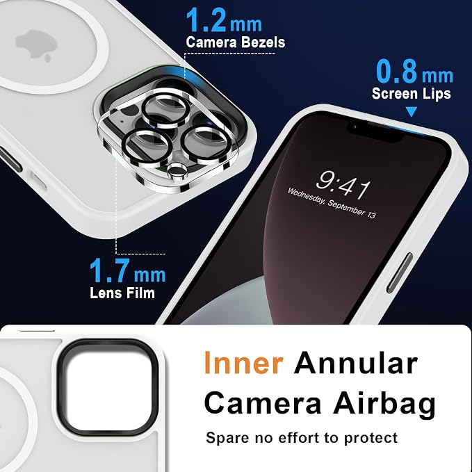 MOCCA Strong Magnetic for iPhone 13 Pro Max Case,[Compatible with Magsafe][Glass Screen Protector+Camera Lens Protector] Slim Thin Shockproof Cover Phone Case for iPhone 13 Pro Max 6.7", Frosted White