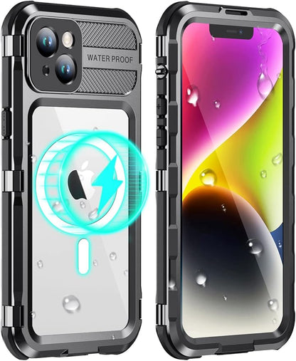 WIFORT for iPhone 14 Plus Waterproof Case - Built-in [Screen Protector][IP68 Water Proof][14FT Military Grade Shockproof], Rugged Metal Full Body Aluminum Protective Drop Protection Cover, 6.7" Black