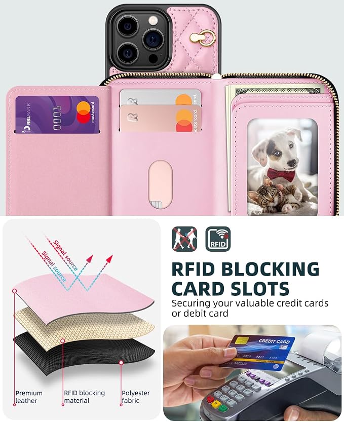 OCASE Compatible with iPhone 16 Pro Crossbody Wallet Case with Card Holder, PU Leather Zipper Handbag Phone Purse with RFID Blocking Kickstand Wrist Strap Lanyard 6.3 Inch, Diamond Check Pink