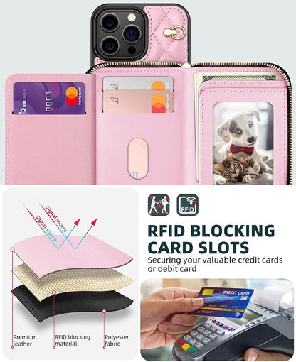 OCASE Compatible with iPhone 16 Pro Max Crossbody Wallet Case with Card Holder, PU Leather Zipper Handbag Phone Purse with RFID Blocking Kickstand Wrist Strap Lanyard 6.9 Inch, Diamond Check Pink