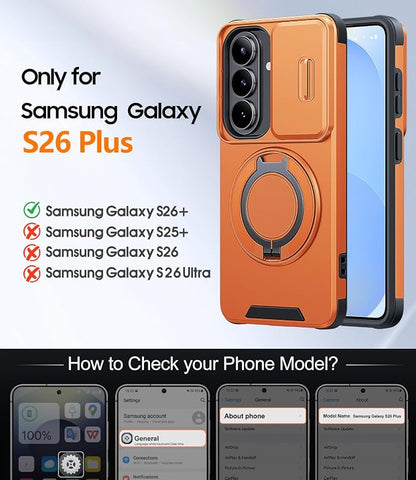 JAME for Samsung Galaxy S26+ Plus Case, Ring Holder Stand Kickstand, Slide Camera Cover with Screen Protector, Dual-Layer Shockproof Protective, Magnetic Accessory Friendly S26 Plus Phone Case, Orange
