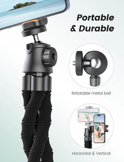 Phone Tripod with Light, Portable and Flexible Phone Stand for Video Recording with Wireless Remote, 360° Rotating Tabletop & Travel Tripods for iPhone, Smartphones, Camera