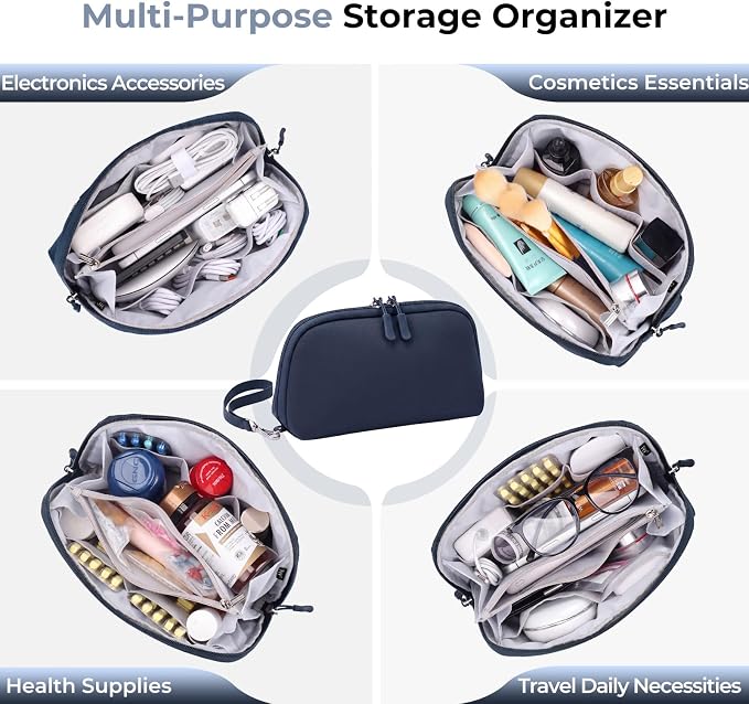 FYY Travel Cable Organizer - 8 Compartments, Lightweight, Water Repellent | With Wrist Strap, Portable Tech Pouch for Cord Charger, Travel and Business Trips Use, Soft Shell Nylon, Navy (Large)