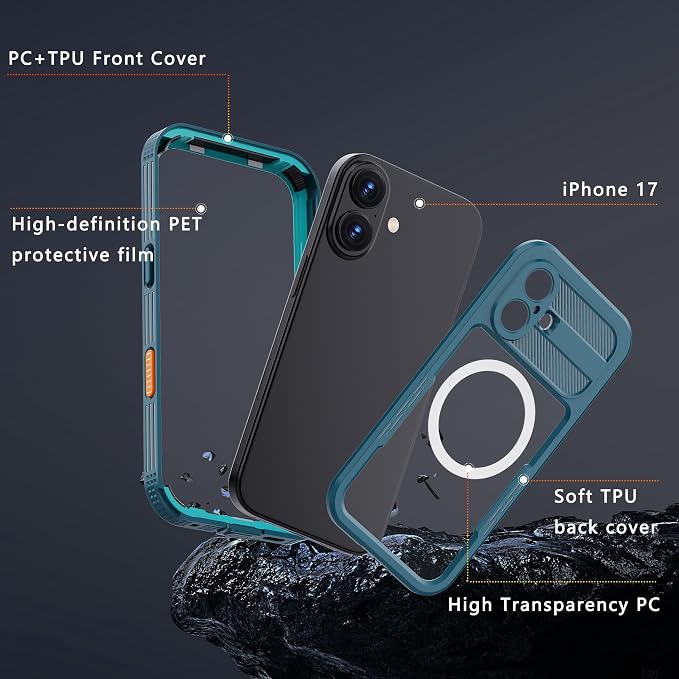 GOLDJU Magnetic for iPhone 17 Case-Waterproof, Built-in Screen & Camera Protector-IP68 Underwater Full Body 16FT Military Dropproof Shockproof Case for 17 6.3''- Blue