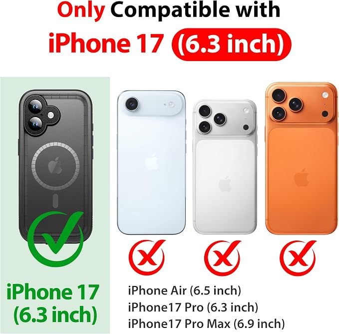 SPORTLINK for iPhone 17 Waterproof Phone Case - Built in Screen Protector/Shockproof Compatible with MagSafe/MilitaryRugged/Dropproof/Dustproof/Heavy Duty, Full Body for iPhone 17 6.3 inch Black