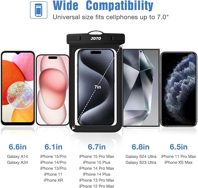 JOTO Waterproof Phone Pouch IPX8 Universal Waterproof Case Dry Bag Phone Protector for iPhone 17 Air 16 15 14 13 12 11 Pro Max Plus XS XR Galaxy S23 S22 S21 S20 Pixel Up to 7" -4 Pack, Black & Clear