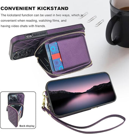 Bocasal Crossbody Wallet Case for iPhone 14 Pro Max, RFID Blocking PU Leather Zipper Handbag Purse Flip Cover, Kickstand Folio Case with Card Slots Holder Wrist Strap Lanyard 5G 6.7 Inch (Dark Purple)