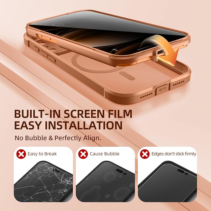 BERFY for iPhone 17 Pro Case, Compatible with MagSafe, Built-in Privacy Screen Protector, Camera Protection, Shockproof Full Body Phone Case 6.3", Clear Dark Orange