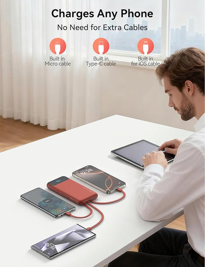 Portable Charger, 10000mAh 22.5W Fast Charging Power Bank with 4 Built-in Cables, Travel Essentials Battery Pack with LED Display, 6 Outputs Charging Bank Compatible with iPhone, iPad, Samsung etc Red