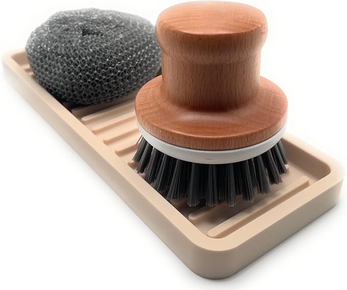 Happitasa Silicone Kitchen Sink Organizer Tray, Sponge Holder and Countertop Protector | Bathroom and Kitchen Soap Dish and Dispenser Tray (Sand Dollar, 9"x3.5", 5.6 Ounces)