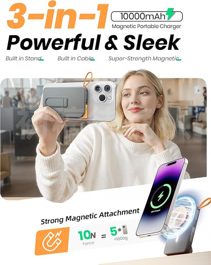 for Magsafe Power Bank, Magnetic Portable Charger with Stand, 10000mAh Wireless Battery Pack Fast Charging with Built in Cable(USB C), Powerbank for iPhone17/16/15/14/13/12 Travel & Daily, White