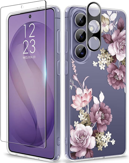 GVIEWIN for Samsung Galaxy S26 Plus Case, Clear Floral Slim Shockproof Protective Women Phone Case, Non-Yellowing, with Screen Protector&Camera Lens Protector for S26 Plus 6.7", Cherry Blossoms/Purple