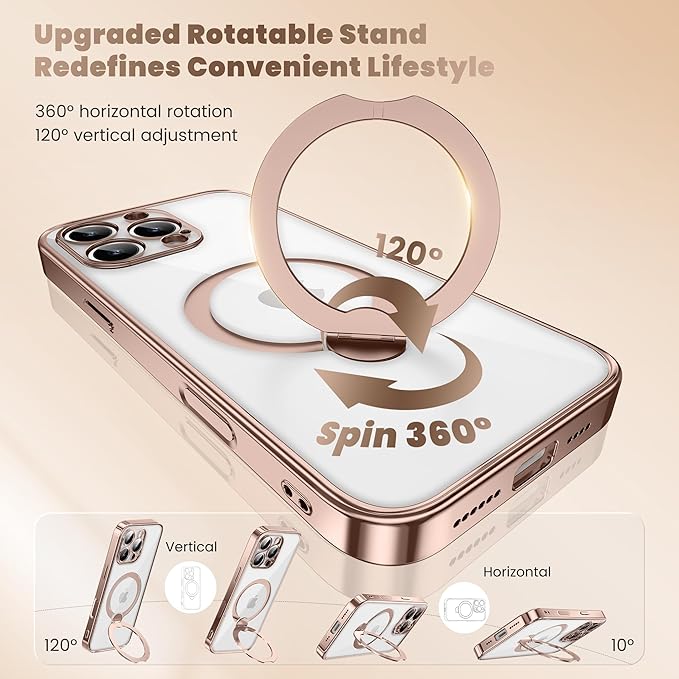 Desert Titanium for iPhone 16 Pro Case With 360° Spin Magnetic Stand,[Compatible With Magsafe] [Military Protection][Built-in Ring Holder]Camera Control Phone Case for 16 Pro,Rose Gold/Clear