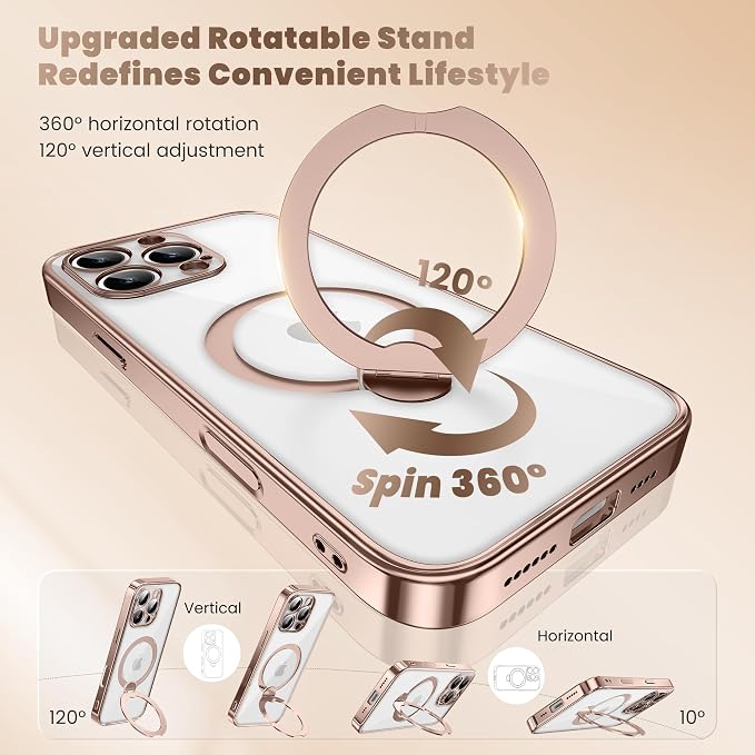 Desert Titanium for iPhone 16 Pro Max Case With 360° Spin Magnetic Stand,[Compatible With Magsafe] [Military Protection][Built-in Ring Holder]Camera Control Phone Case for 16 Pro Max,Rose Gold/Clear