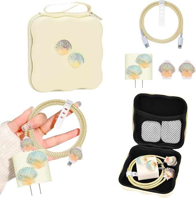 CameCosy Phone Charger Storage Case Cover Sets with Cable Protector for iPhone Adapter, Cute Wave Travel Storage Bag, Earphone Cord Saver DIY Phone Charging Protector Cable Organizer (Phantom Shell)