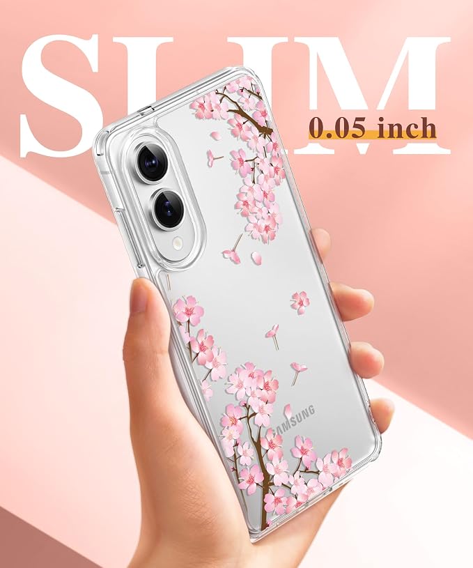 GVIEWIN for Samsung Galaxy S25 Edge Case, Clear Floral Shockproof Protective Women Phone Case, Non-Yellowing, Screen&Camera Lens Protector for Galaxy S25 Edge 6.7",Sakura/Pink