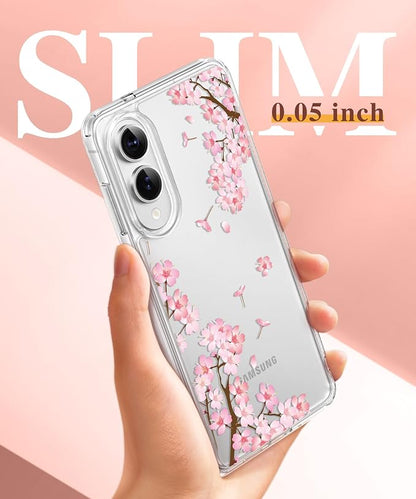 GVIEWIN for Samsung Galaxy S25 Edge Case, Clear Floral Shockproof Protective Women Phone Case, Non-Yellowing, Screen&Camera Lens Protector for Galaxy S25 Edge 6.7",Sakura/Pink