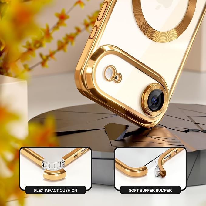 Misea Magnetic for iPhone 17 Air Case Compatible with MagSafe [Never Yellowing] [Military Grade Drop Protection] Full Camera Lens Protector Plating Soft Clear Phone Case for Women, Gold