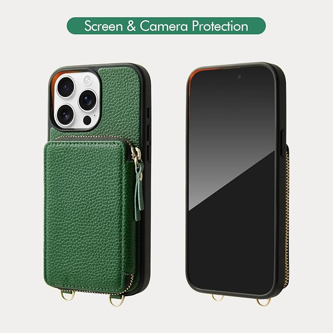 ZVE for iPhone 14 Pro Max Wallet Case for Women, Crossbody Phone Cover with Card Slots, RFID Blocking Purse with Wrist Strap Compatible with iPhone 14 Pro Max, 6.7"- Dark Green