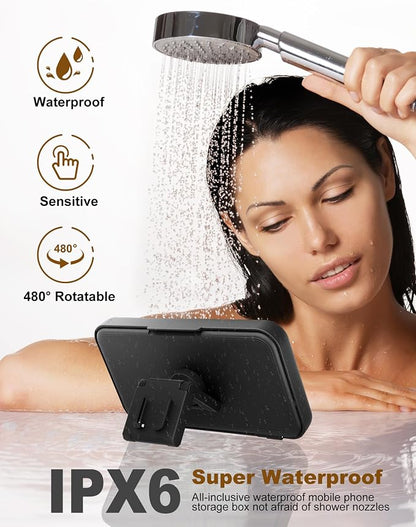 Upgraded Shower Phone Mount Waterproof with Speaker Hole Touch Screen Shower Phone Stand Holder for Bathroom Bathtub Kitchen Wall Mirror for iPhone 1716 15 14 13 12 11 Pro XS XR Max (Black)