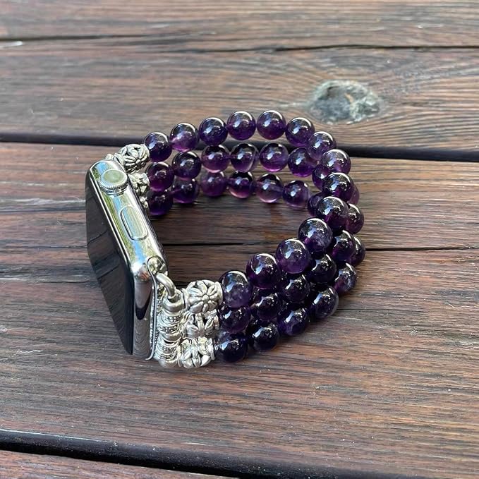 Amethyst Bracelet Compatible for Apple Watch Band 40mm/38mm/41mm Series 9 8 7 SE Series 6/5/4 Women Fashion Natural Gemstone Handmade Stretchy Watch Strap (42mm/44mm/45mm)