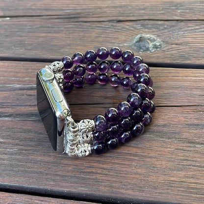 Amethyst Bracelet Compatible for Apple Watch Band 40mm/38mm/41mm Series 9 8 7 SE Series 6/5/4 Women Fashion Natural Gemstone Handmade Stretchy Watch Strap (42mm/44mm/45mm)