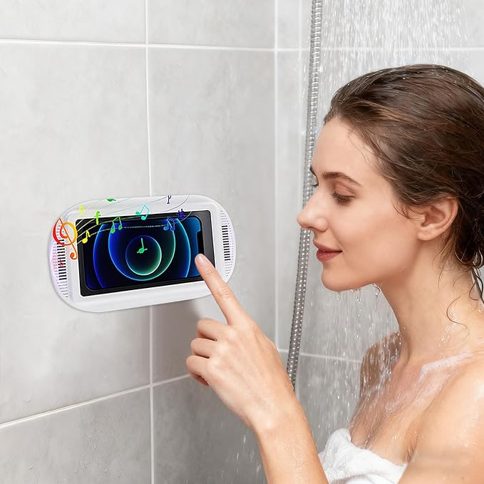 Shower Phone Holder,Water Proof with Speaker-Phone Holder Phone,360° Rotatable No Fog Screen Wall Mount,Universal 4-7 Inch Phones Bathroom Bathtub Kitchen,Secure 360°, No Hands Entertainment (2)