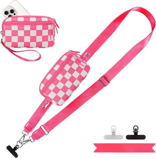 YFWE Clip and Go Strap for Phone with Wallet Crossbody, Adjustable Phone Lanyard with Detachable RFID Wristlet Wallet, Phone Strap with Phone Tabs for All Phones, Pink Checkered (L)