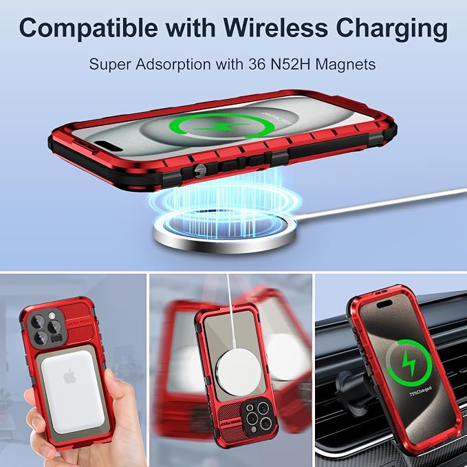 WIFORT for iPhone 15 Pro Max Waterproof Case - Metal Shockproof Phone Case Built-in Screen Protector [IP68 Water Proof][14FT Military Grade ], Heavy Duty Full Body Drop Protection Cover, 6.7" Red