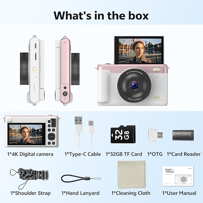 4K Digital Camera for Photography, 75MP WiFi Vlogging Camera for YouTube, 3'' 180° Flip Screen, Anti Shake Auto Focus 16X Zoom, 2500 mAh Battery, Point and Shoot Cameras for Kids Beginner, 32GB, Pink