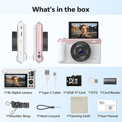 4K Digital Camera for Photography, 75MP WiFi Vlogging Camera for YouTube, 3'' 180° Flip Screen, Anti Shake Auto Focus 16X Zoom, 2500 mAh Battery, Point and Shoot Cameras for Kids Beginner, 32GB, Pink