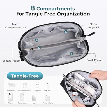 FYY Travel Cable Organizer - 8 Compartments, Lightweight, Water Repellent | With Wrist Strap, Portable Tech Pouch for Cord Charger, Travel and Business Trips Use, Soft Shell Nylon, Black (Medium)
