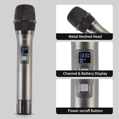 4 Channel Wireless Microphone System UHF 2 Cordless Handheld Mics and 2 Lavalier Headset Mics for Karaoke Church Speaking Conference Meeting Party, 4x25 Adjustable Frequency (2 Handheld + 2 Bodypack)