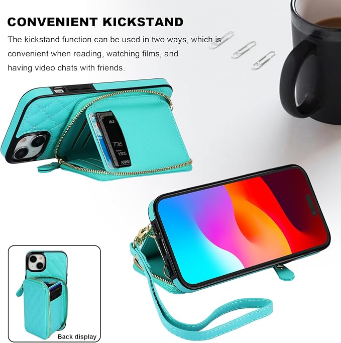 Bocasal Crossbody Wallet Case for iPhone 15 Plus, RFID Blocking PU Leather Zipper Handbag Purse Flip Cover, Kickstand Folio Case with Card Slots Holder Wrist Strap Lanyard 5G 6.7 Inch (Mint Green)