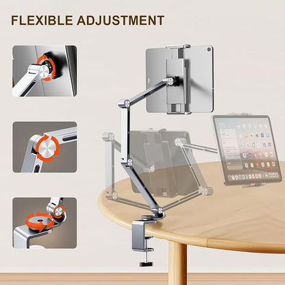 Tablet Stand Holder for Desk Aluminum Alloy Ipad Desk Mount Monitor with 360°Rotate Base, Adjustable&Foldable Tablet Arm for 4.7"-15.6" Screen Phone,Kindle,Fire HD,Monitor (Sliver)