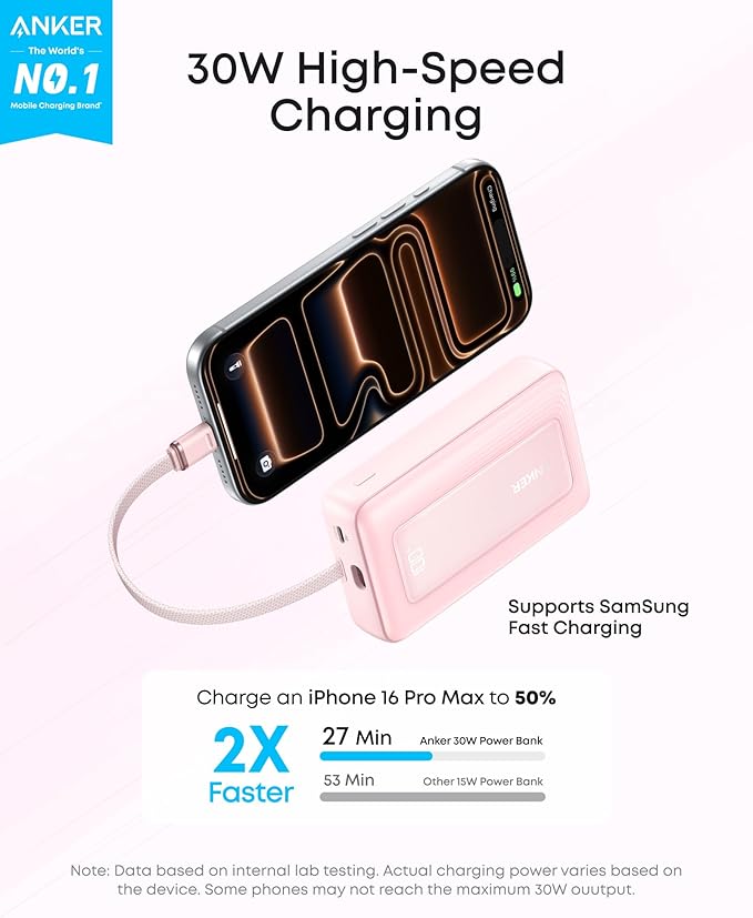 Anker Zolo Power Bank (2025 Upgraded Version), 20,000mAh 30W High-Speed Portable Charger with Built-in USB-C Cable, Battery Pack for iPhone 17/16 / 15 Series, Galaxy, and More