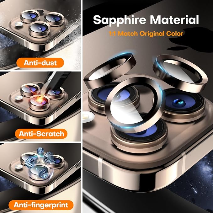 Camera Lens Protector for iPhone 17 Pro Max/17 Pro/16 Pro Max/16 Pro/15 Pro Max/15 Pro/14 Pro Max/14 Pro, Tempered Glass Metal Individual Camera Cover[Anti-drop] Case Friendly-Desert Titanium