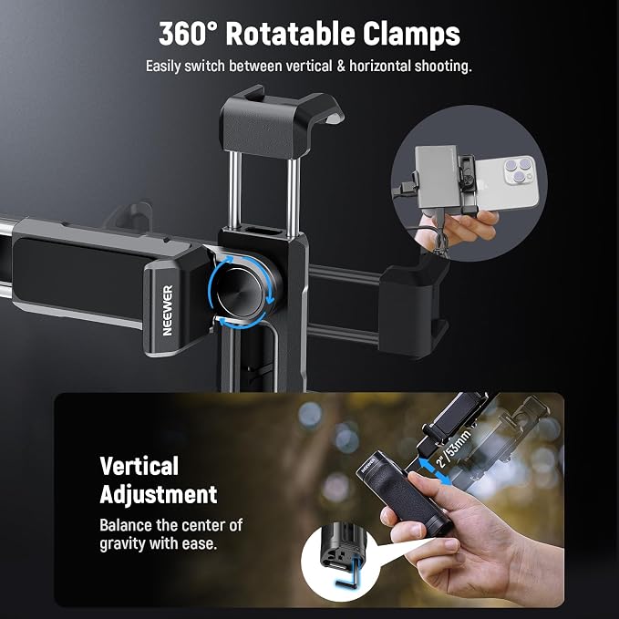 NEEWER Bluetooth Side Handle Shutter Release with 2.2"-3.2"/55-82mm 360° Phone Clamp & SSD Holder, Cold Shoes, 100mAh Rechargeable Battery Compatible with iPhone Samsung T5/T7/T9 SSD, PA028E