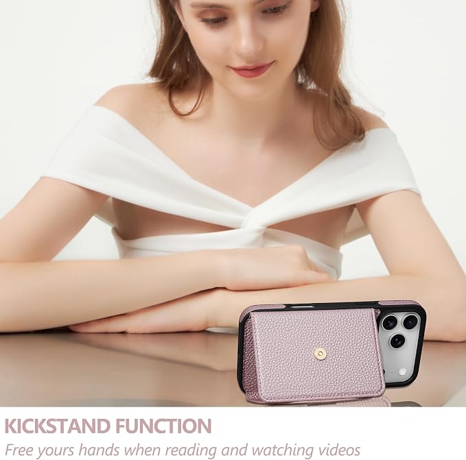 Keallce Wallet Case for iPhone 17 Pro Max 6.9'', Flip Case with RFID Blocking Card Holder Slots Kickstand, PU Leather Protective Folio Cover for Women, Rosegold