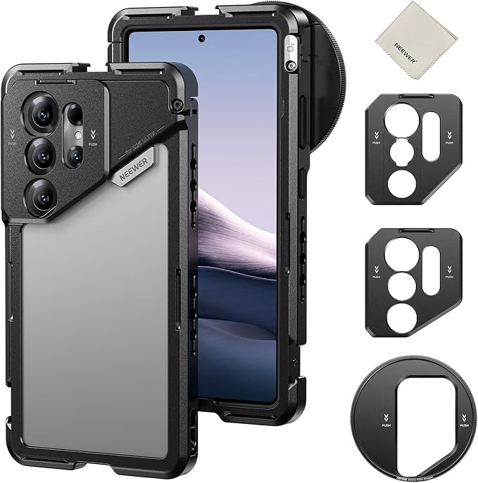 NEEWER S25 Ultra Phone Cage, Mobile Video Rig Phone Stabilizer with 67mm Filter Adapter, 17mm Lens Backplate, T Mount Adapter Compatible with Moment Samsung Galaxy S25 Ultra, 1x Cleaning Cloth, PA082
