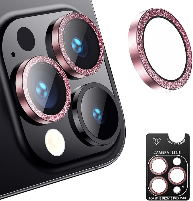 AFARER Camera Protector for iPhone 13Pro/13 Pro Max,[Not Easy to Break][Strong Adsorption][Does not Affect Night Shots] Individual Metal Bling Diamond Tempered Glass Lens Cover(Glitter-Pink)