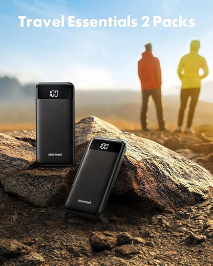 charmast 2 Pack 10000mAh Portable Charger, Power Bank with Built-in 4 Cables, 6 Outputs & 3 Inputs, Battery Pack with Digital Display, Travel Essential for iPhone All Series & Android, Family Sharing