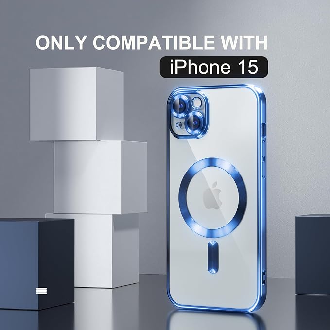 Misea Magnetic for iPhone 15 Case Compatible with MagSafe [Never Yellowing] [Military Grade Drop Protection] Full Camera Lens Protector Plating Soft Clear Phone Case for Women, Deep Blue
