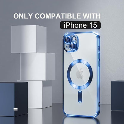Misea Magnetic for iPhone 15 Case Compatible with MagSafe [Never Yellowing] [Military Grade Drop Protection] Full Camera Lens Protector Plating Soft Clear Phone Case for Women, Deep Blue