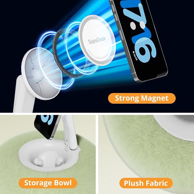 Magnetic Phone Pillow Stand, Phone Holder for Bed,Lap,Desk, Cozy Pillow Stand with Snack Bowl and 2 Magnetic Rings, Compatible with 3.5-7" iPhone,E-Reader, Kindle, Green