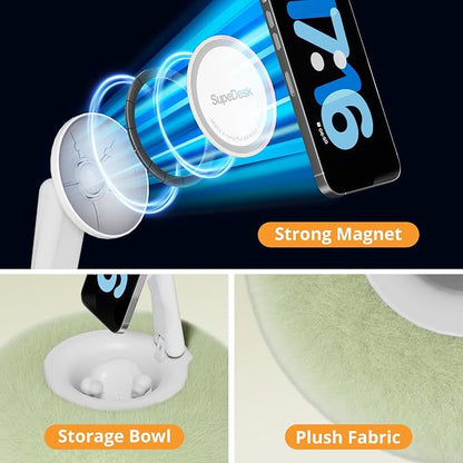 Magnetic Phone Pillow Stand, Phone Holder for Bed,Lap,Desk, Cozy Pillow Stand with Snack Bowl and 2 Magnetic Rings, Compatible with 3.5-7" iPhone,E-Reader, Kindle, Green
